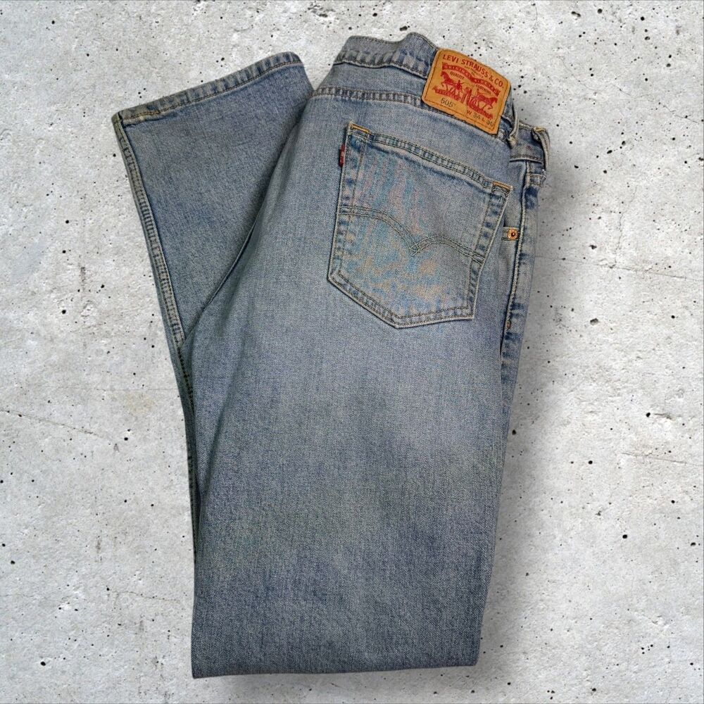 Custom Levi’s 505 Rainbow Jeans 34x30 Hand Sewn Applique Clouds - Picture 3 of 12
